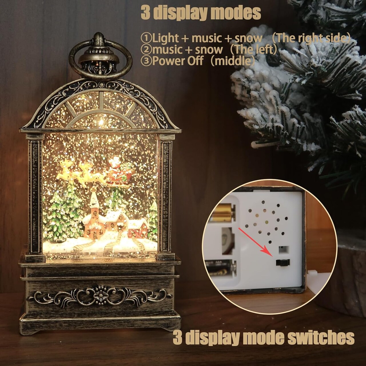 Snow Globe Christmas Lantern Decorations - 9.8”USB Plug-in & Battery Operated Music can be Turned Off,Portable Creative Water Glitters Lighted Music Christmas Snow Globe Lantern for Christmas Decor